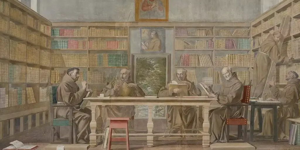 Un groupe de moines dans une bibliothèque